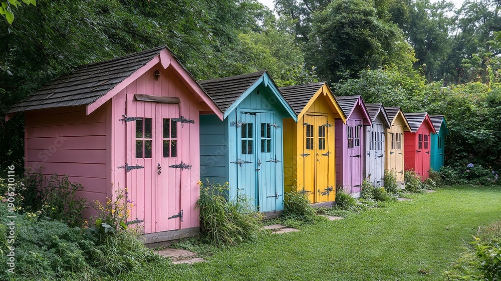 Row of colorful small houses in a serene garden Row of colorful small houses in a serene garden