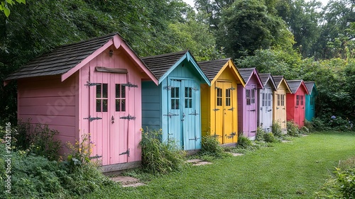 Row of colorful small houses in a serene garden