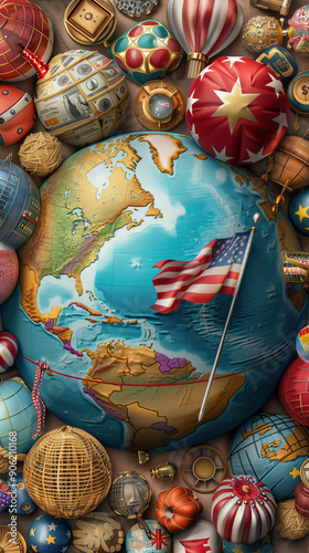 High-Detail Artwork of USA and China Competing Over a Globe with Their Flags Surrounded by Trade-Related Icons photo