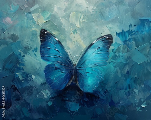 A beautiful blue butterfly rests with its wings open, showcasing vibrant colors against a soft, abstract backdrop
