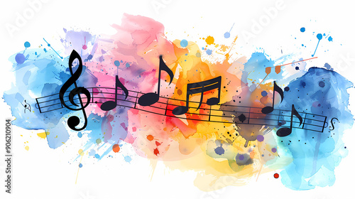 musical notes on colorful watercolor background, generated ai