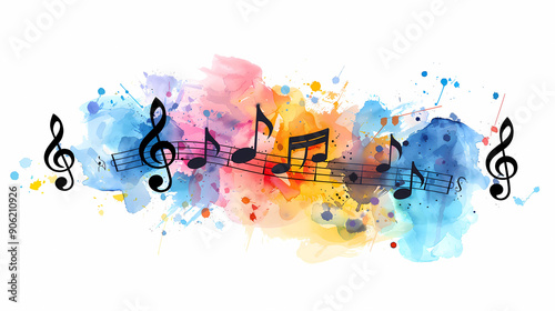 musical notes on colorful watercolor background, generated ai