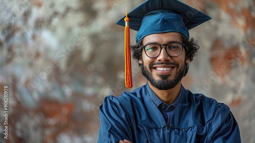 A man wearing a blue graduation cap and gown is smiling