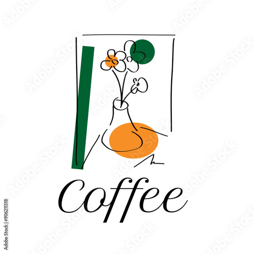コーヒーショップのロゴやTシャツなどのグッズに最適なお花と文字のイラスト素材