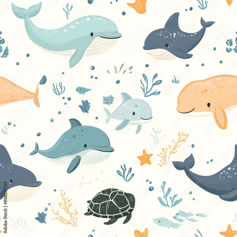 A seamless vector pattern of adorable ocean animals like dolphins, whales, and turtles in delicate pastel shades, perfect for creating serene and marine-themed designs A seamless vector pattern of adorable ocean animals like dolphins, whales, and turtles in delicate pastel shades, perfect for creating serene and marine-themed designs