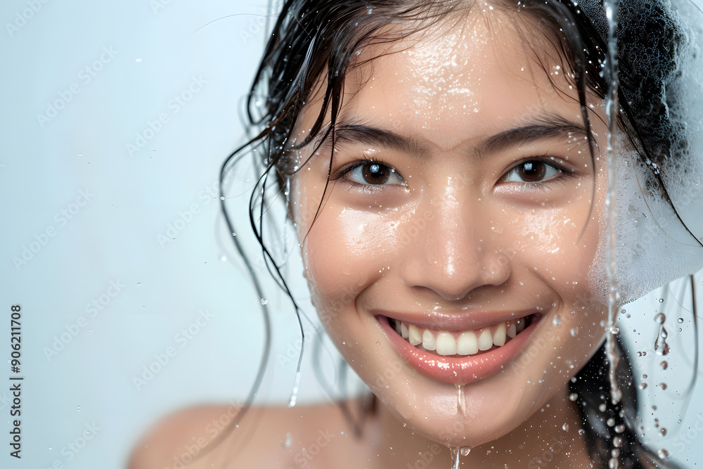 Smiling young asian woman with water splash and drops around on her face isolated on white background. Healthy hydrated face skin. Skin care and moisturizing concept.