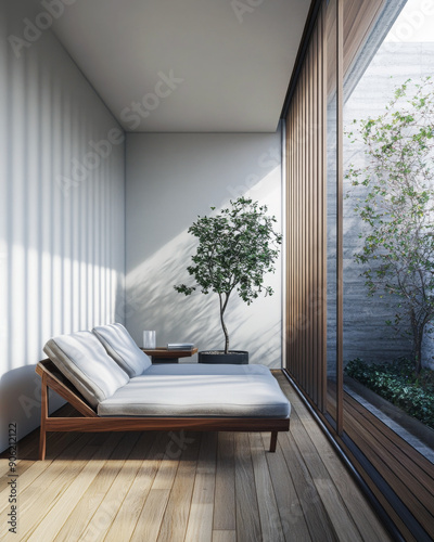 Minimalist luxury interiors with minimal furniture  beige wall panels and a large window. Luxurious residential Real Estate composition.