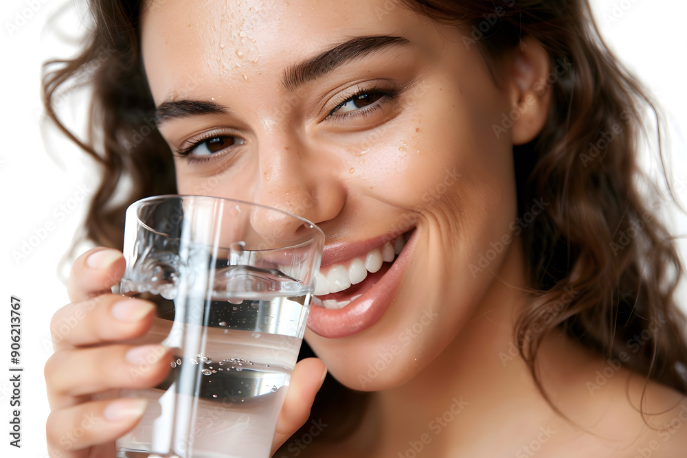 Close up beautiful smiling Asian woman holding glass of water isolated on white background Close up beautiful smiling Asian woman holding glass of water isolated on white background