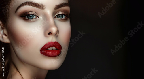 Beautiful glamour woman with makeup and red lips on black background.Space for text.AI Generative.