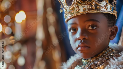 A child in a sparkling crown and royal attire gazes thoughtfully in a majestic environment