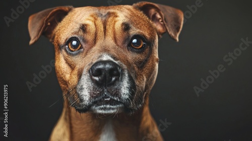 A detailed shot of a focused brown dog against a dark backdrop. The image captures the dog's serious and determined facial expression with a sleek fur appearance.