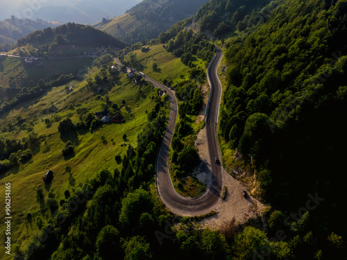 Hairpin on an alpine road in the Carpathians - aerial view