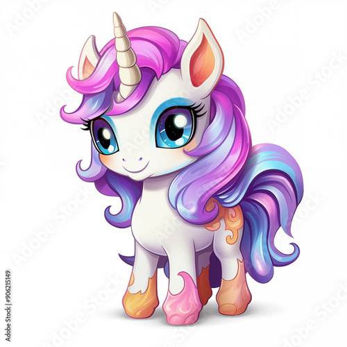 Cute magical unicorn cartoon illustration on white background
