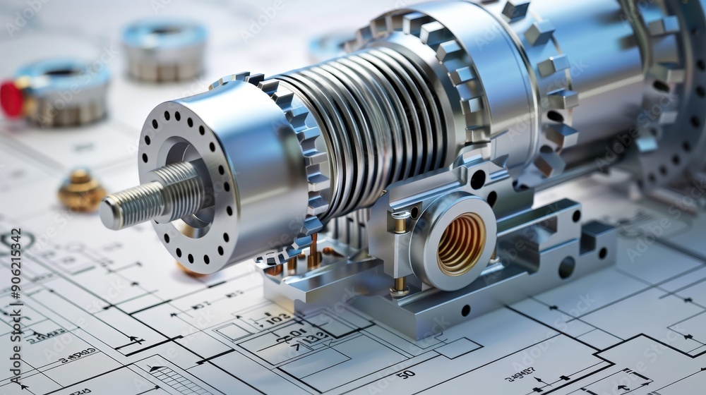 A close-up of a high-precision mechanical component on technical drawings, highlighting engineering, design, and advanced manufacturing. A close-up of a high-precision mechanical component on technical drawings, highlighting engineering, design, and advanced manufacturing.