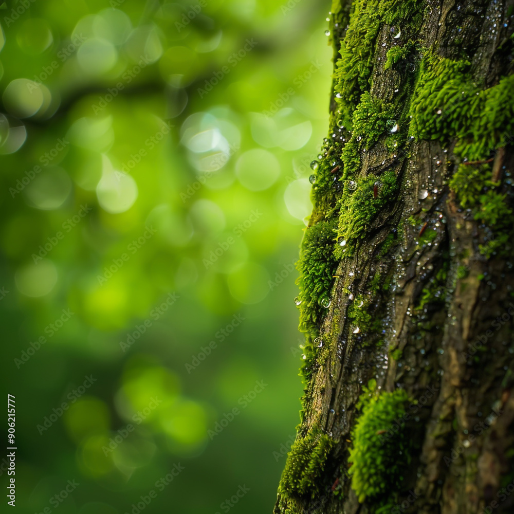 Obraz premium Beautiful tree trunk with moss and water drops close up