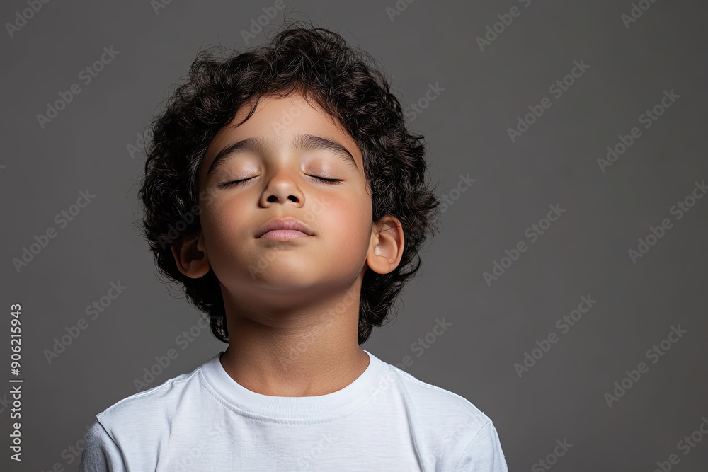 Young child eyes closed expression, closing eye expressive model shoot children clean background, meditation calm mindfulness backdrop, generated ai Young child eyes closed expression, closing eye expressive model shoot children clean background, meditation calm mindfulness backdrop, generated ai