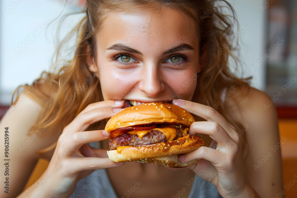 Young woman eating hamburger and looking at camera Young woman eating hamburger and looking at camera