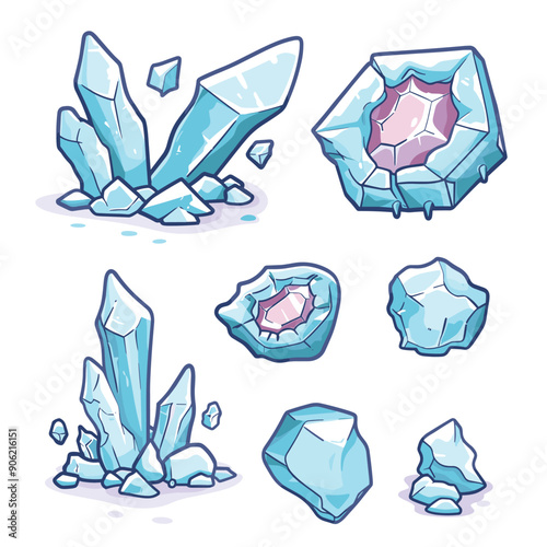 Collection various crystals gemstones, stylized cartoonish illustration. Crystals shades blue, resembling ice minerals, light dark tones dimension. Set gems includes both clustered formations
