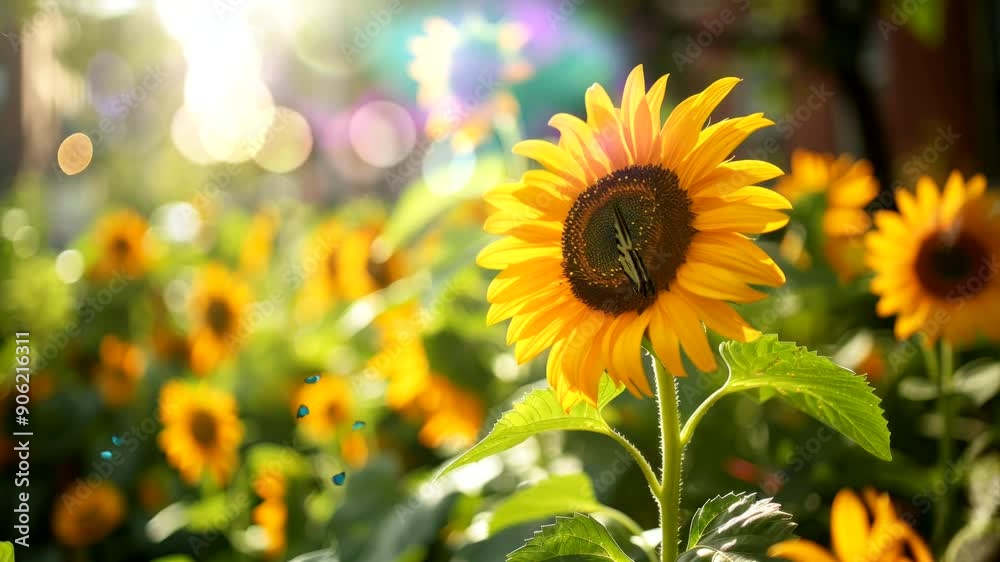 A single sunflower with two butterflies perched on the center.