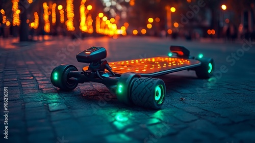 Electric skateboard with glowing wheels on city street photo