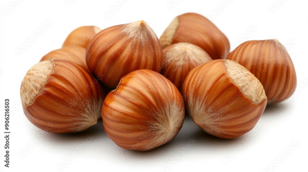 High-resolution close-up of a cluster of raw, shelled hazelnuts showing off their brown shells and natural texture, presented against a white background. High-resolution close-up of a cluster of raw, shelled hazelnuts showing off their brown shells and natural texture, presented against a white background.