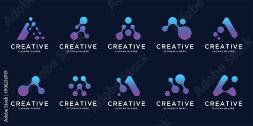 Collection of letter A abstract logo design symbol initial letter mark technology, dot, molecule, droppid, computer, data, internet.