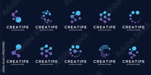 Creative initial letter C logo template. Innovate technology startup logo concept, science, dot, molecule, round emblem, monogram, modern, solution symbol, isolated vector logotype set of collection