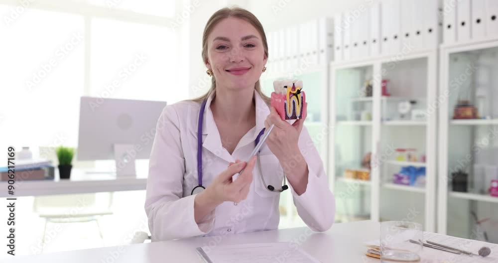 Woman dentist uses artificial model of teeth to explain structure. Doctor demonstrates location of nerves and blood vessels slow motion