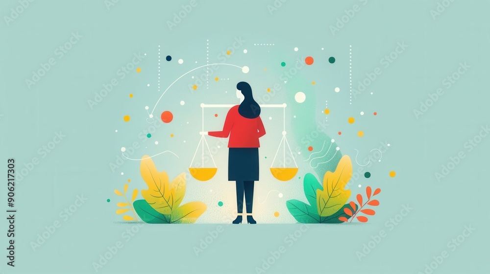 Comprehensive judgment, person weighing multiple options with scales, flat design illustration Comprehensive judgment, person weighing multiple options with scales, flat design illustration