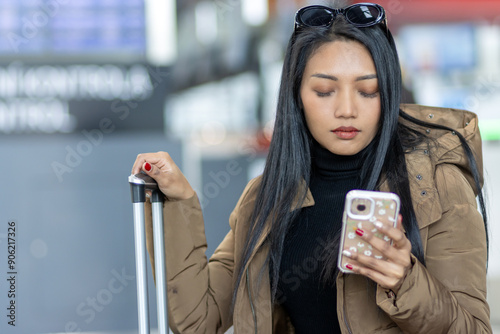 A young woman in a winter coat is watching her mobile phone at the airport