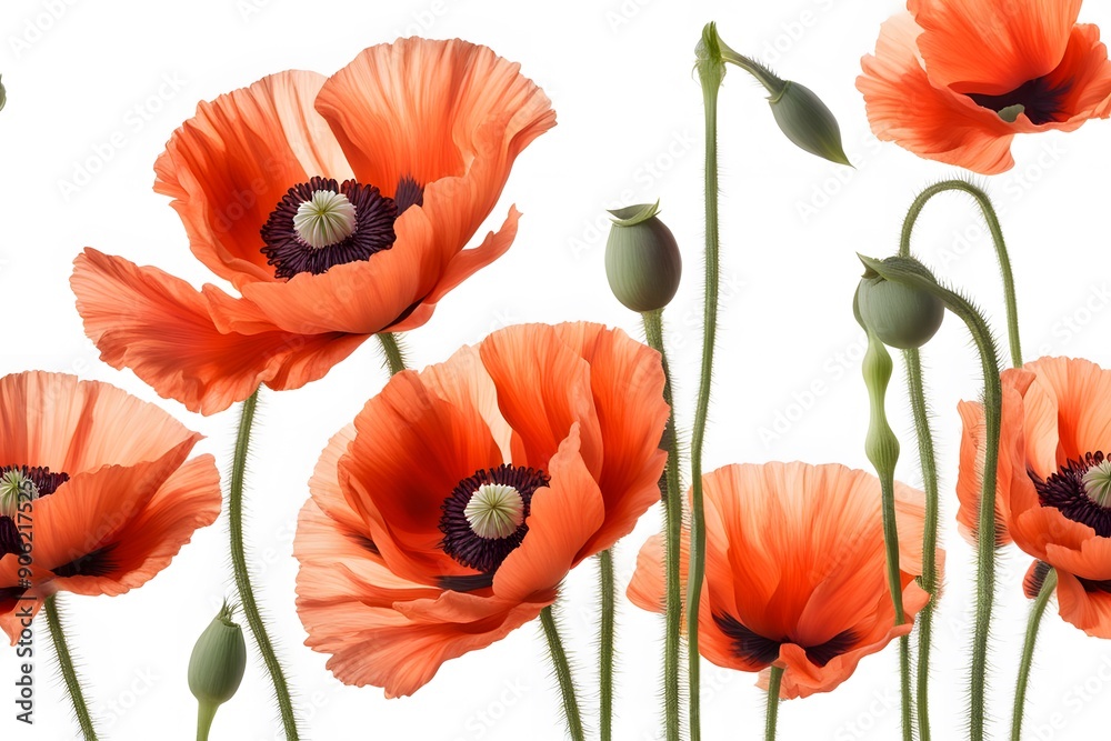 Fototapeta premium Oriental poppy flowers white background, AI Generated