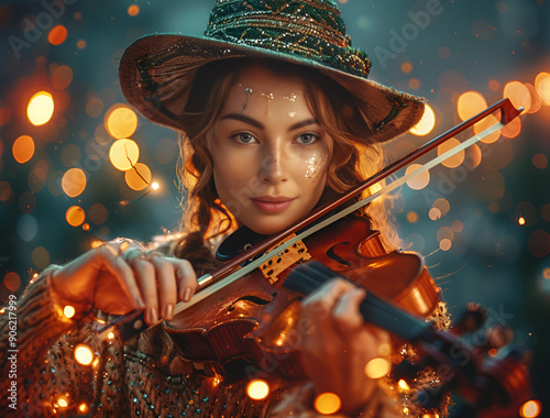  A violinist wearing a hat performing on stage with vibrant lights behind her.