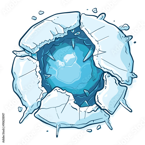 Cartoon ice hole breaking cracked surface. Conceptual illustration winter, cold water danger. Stylized design, frozen aquatic theme, ice breaking apart
