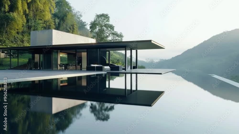Modern house with infinity pool overlooking mountains.