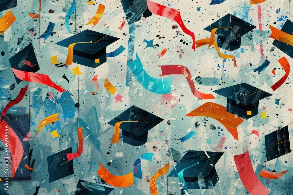 Fototapeta premium Versatile graduation texture featuring caps, diplomas, and academic symbols in a creative and innovative design.