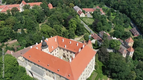 Aerial view of the ancient castle historical monument Namest nad Oslavou in the Czech Republic on a sunny summer day photo