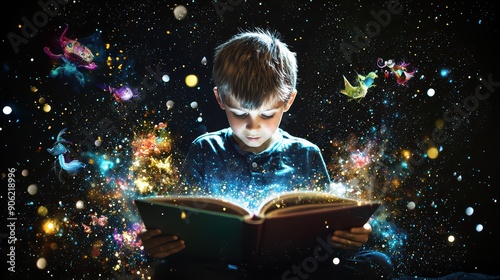 Imagination from reading. A boy reading a princess storybook and imagines it. 