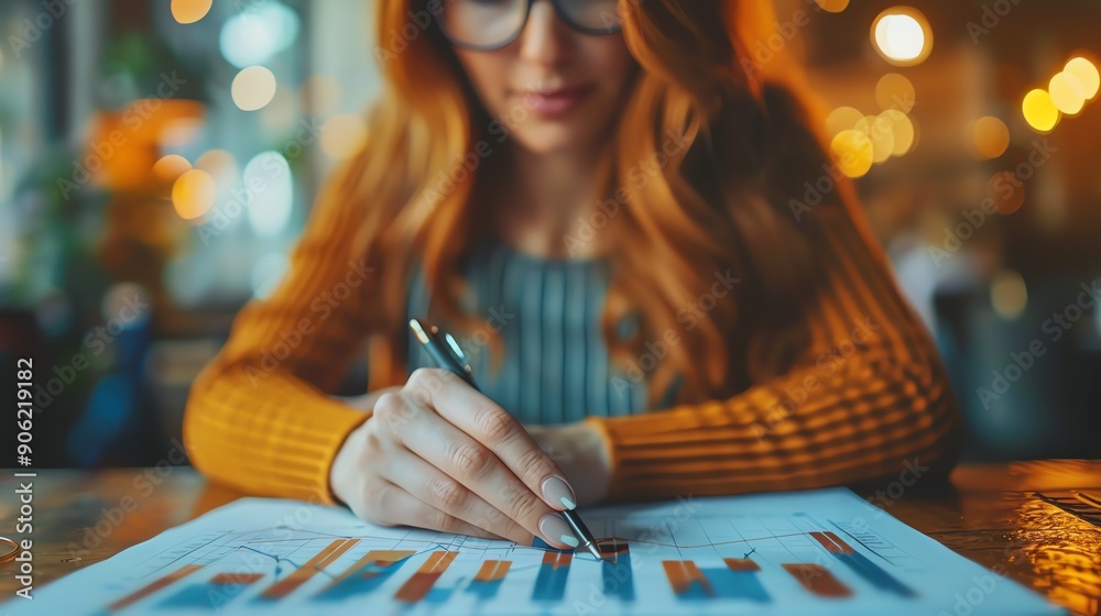Woman analyzing financial data on a chart. Businesswoman in glasses working on financial report in a cozy cafe environment.