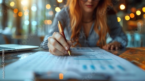 A focused woman with red hair is filling out a form at a desk under warm lighting, creating a cozy and productive atmosphere.