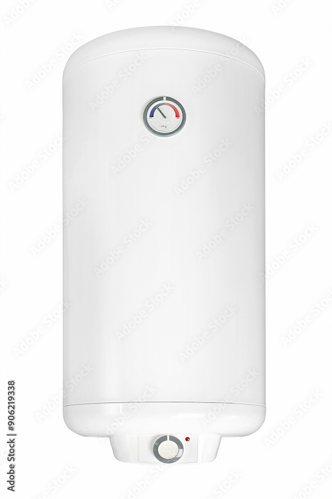 Big modern tanked combination boiler. Large regular household budget water heater. Common electric storage tank water heater. Conventional Energy-efficient home heating system on white background Big modern tanked combination boiler. Large regular household budget water heater. Common electric storage tank water heater. Conventional Energy-efficient home heating system on white background