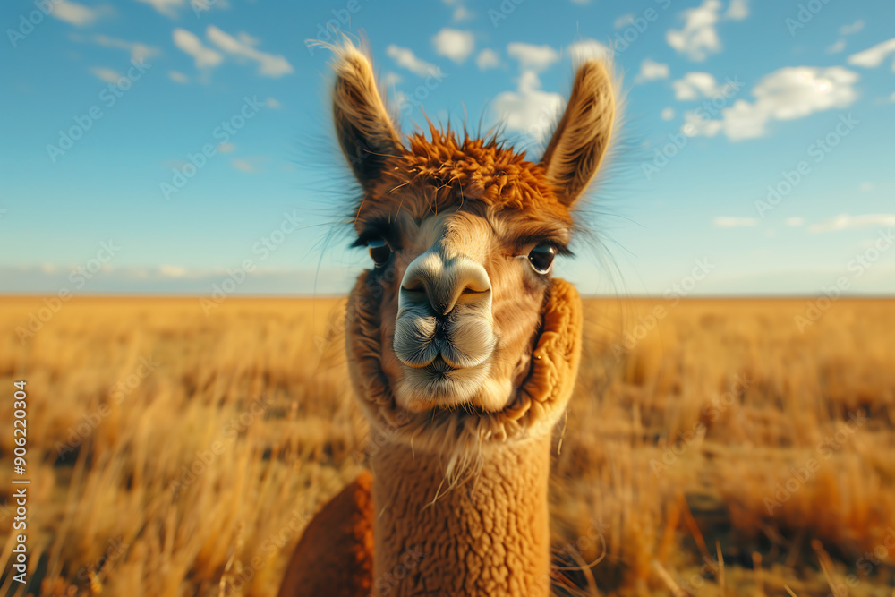 Obraz premium A close-up of a curious alpaca peering into the camera, with its head prominently displayed against the backdrop of the vast African savannah.