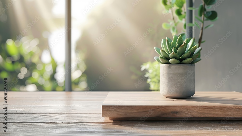 Close-up of polished wooden podium with blurred succulent outline. Close-up of polished wooden podium with blurred succulent outline.