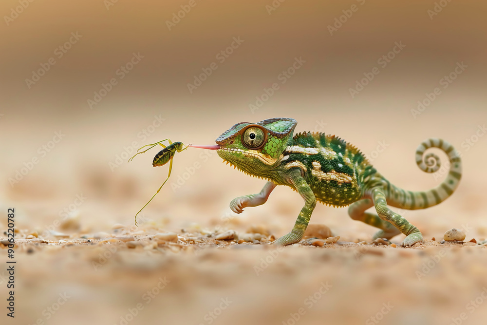 A green chameleon stands on sand with its tongue extended catching an insect in the air, with a blurred background that emphasizes the action of the predator. A green chameleon stands on sand with its tongue extended catching an insect in the air, with a blurred background that emphasizes the action of the predator.