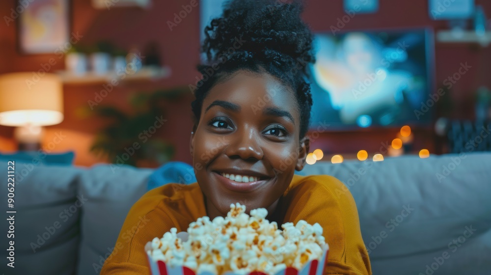 A cheerful young woman enjoys popcorn while watching a movie in a cozy living room A cheerful young woman enjoys popcorn while watching a movie in a cozy living room