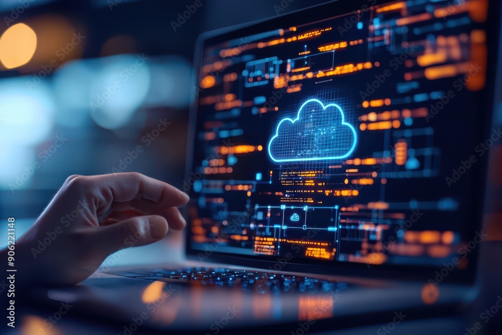 A hand interacts with a laptop displaying cloud technology and digital data visualizations in a modern workspace. A hand interacts with a laptop displaying cloud technology and digital data visualizations in a modern workspace.