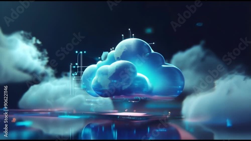 Cloud and Server Concept Background: Cloud Computing, Cloud Services, Cloud Servers, Big Data Centers, Servers, Information Digitalization, SAAS, Online Services.
