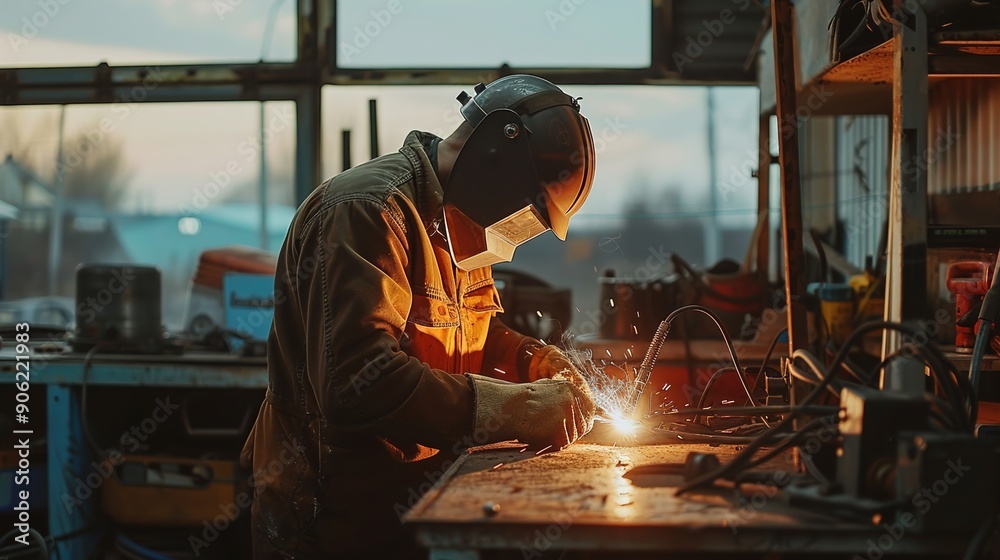 Industrial Grit: Cinematic Documentary of Welder in Autumn Workshop Under Harsh Artificial Night Lights Industrial Grit: Cinematic Documentary of Welder in Autumn Workshop Under Harsh Artificial Night Lights