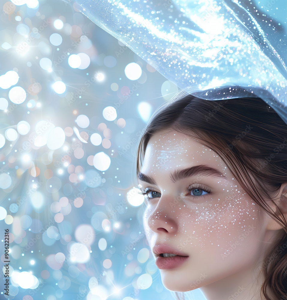 Beautiful Model with Dewy Glowing Skin Against a Clean Soft Background Surrounded by Floating Fiber Extracts Beautiful Model with Dewy Glowing Skin Against a Clean Soft Background Surrounded by Floating Fiber Extracts