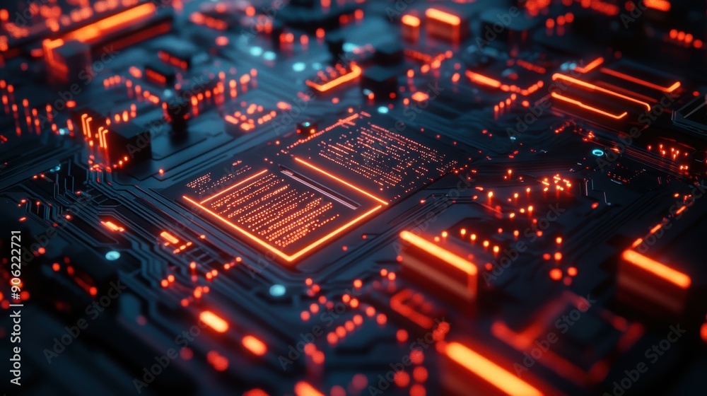 Close-up of a futuristic AI interface with a glowing neon circuit board background, highlighting the intricate details of artificial intelligence technology in a high-tech setting Close-up of a futuristic AI interface with a glowing neon circuit board background, highlighting the intricate details of artificial intelligence technology in a high-tech setting