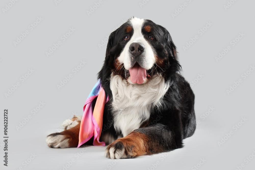Cute Bernese mountain dog with shawl on grey background Cute Bernese mountain dog with shawl on grey background